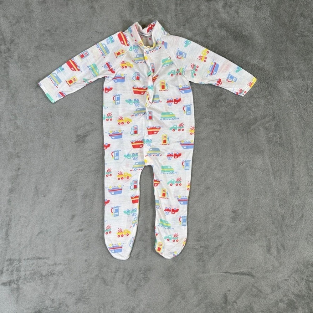 Vintage Style Baby Footed Sleeper Truck Gas Pump Print White Snap Front Pajamas